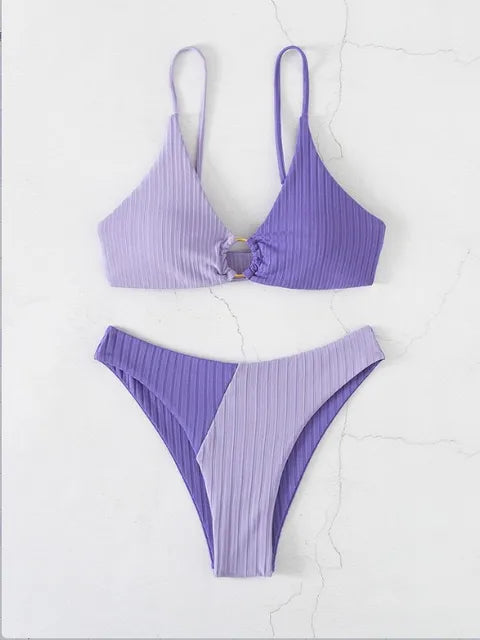 Vrouwen Bikiniset – Push-Up Flattering Top – Hoge Taille Slip – Ribstructuur – Ringdetail