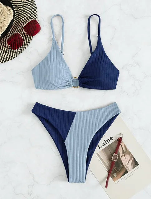 Vrouwen Bikiniset – Push-Up Flattering Top – Hoge Taille Slip – Ribstructuur – Ringdetail