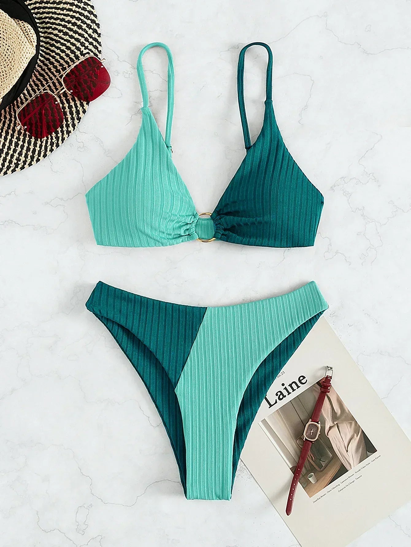 Vrouwen Bikiniset – Push-Up Flattering Top – Hoge Taille Slip – Ribstructuur – Ringdetail