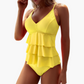 Dames badpak set – Ruis laagjes ruches top – V-hals ontwerp – Verstelbare schouderbanden – Zacht elastisch materiaal