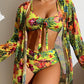 Betoverend damess bikini-set met bindtop, hoge taille broekjes en elegante doorschijnende bloemenschort