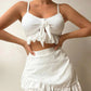 Damesbikini-Set – Voorhoofdstriktop – Geruite Ruché Minirok met Ruffles – Elegante Oogje Borduring – Ademend Comfortabel Stof