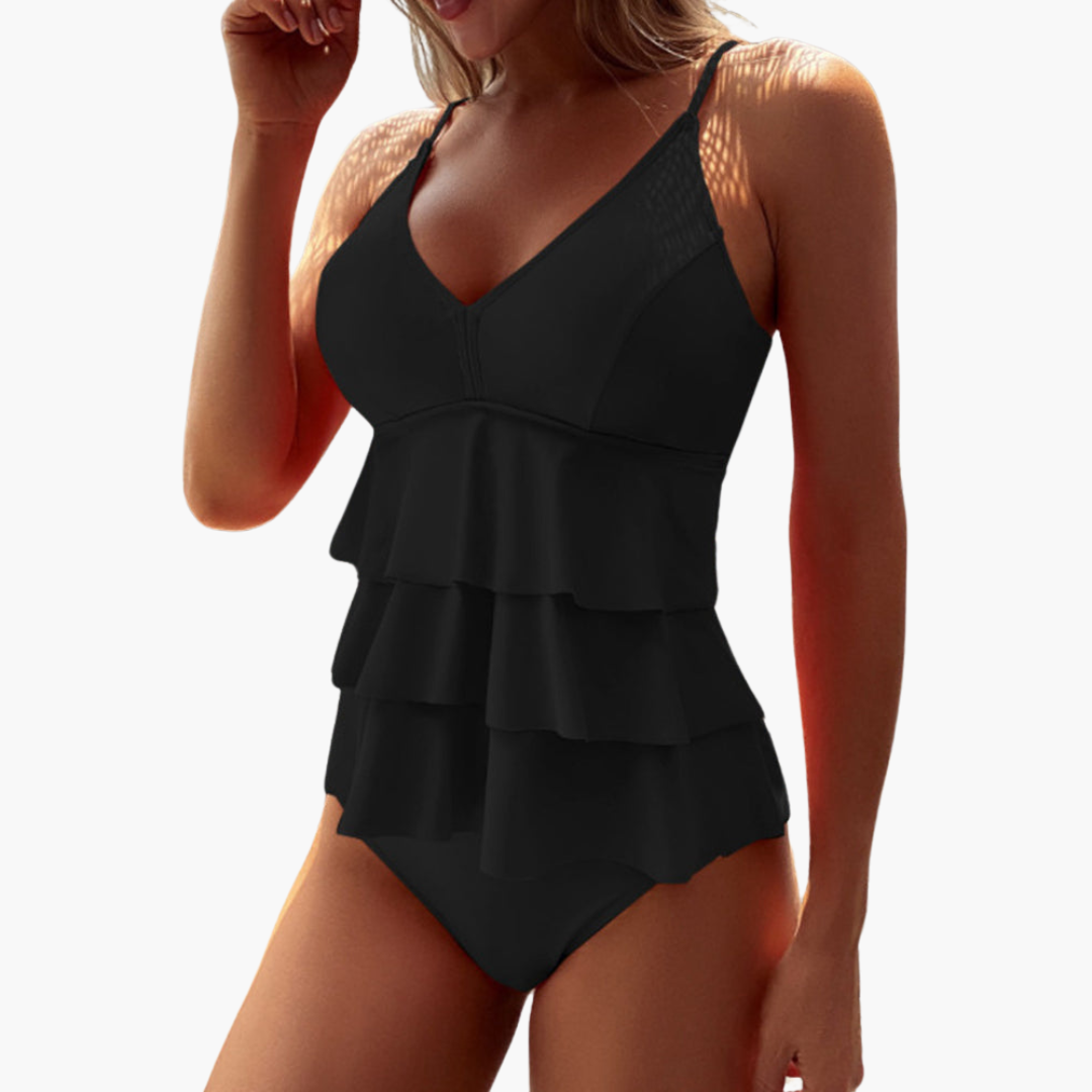 Dames badpak set – Ruis laagjes ruches top – V-hals ontwerp – Verstelbare schouderbanden – Zacht elastisch materiaal