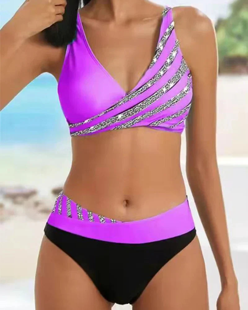 Dames Bikini Set met Wrap Top en Hoge Taille – Ademend Stretch Streep Stof