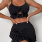 Damesbikini-Set – Voorhoofdstriktop – Geruite Ruché Minirok met Ruffles – Elegante Oogje Borduring – Ademend Comfortabel Stof