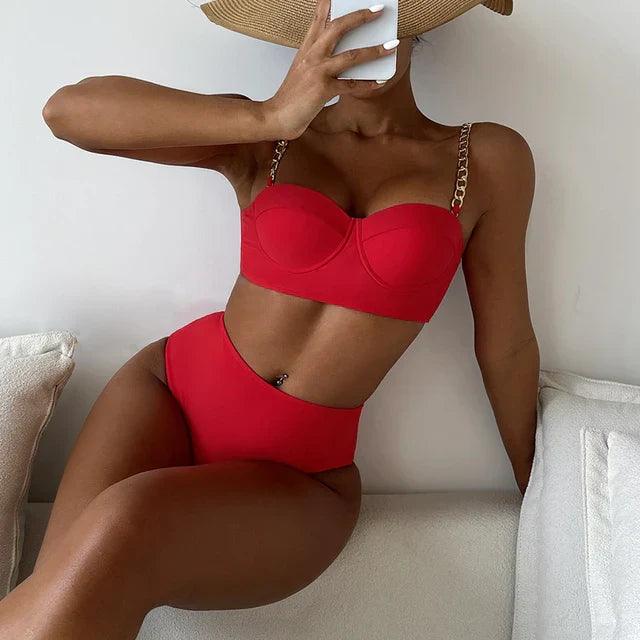 Betoverend hoge taille padded bikini set met trendy kettingbanddetails voor vrouwen