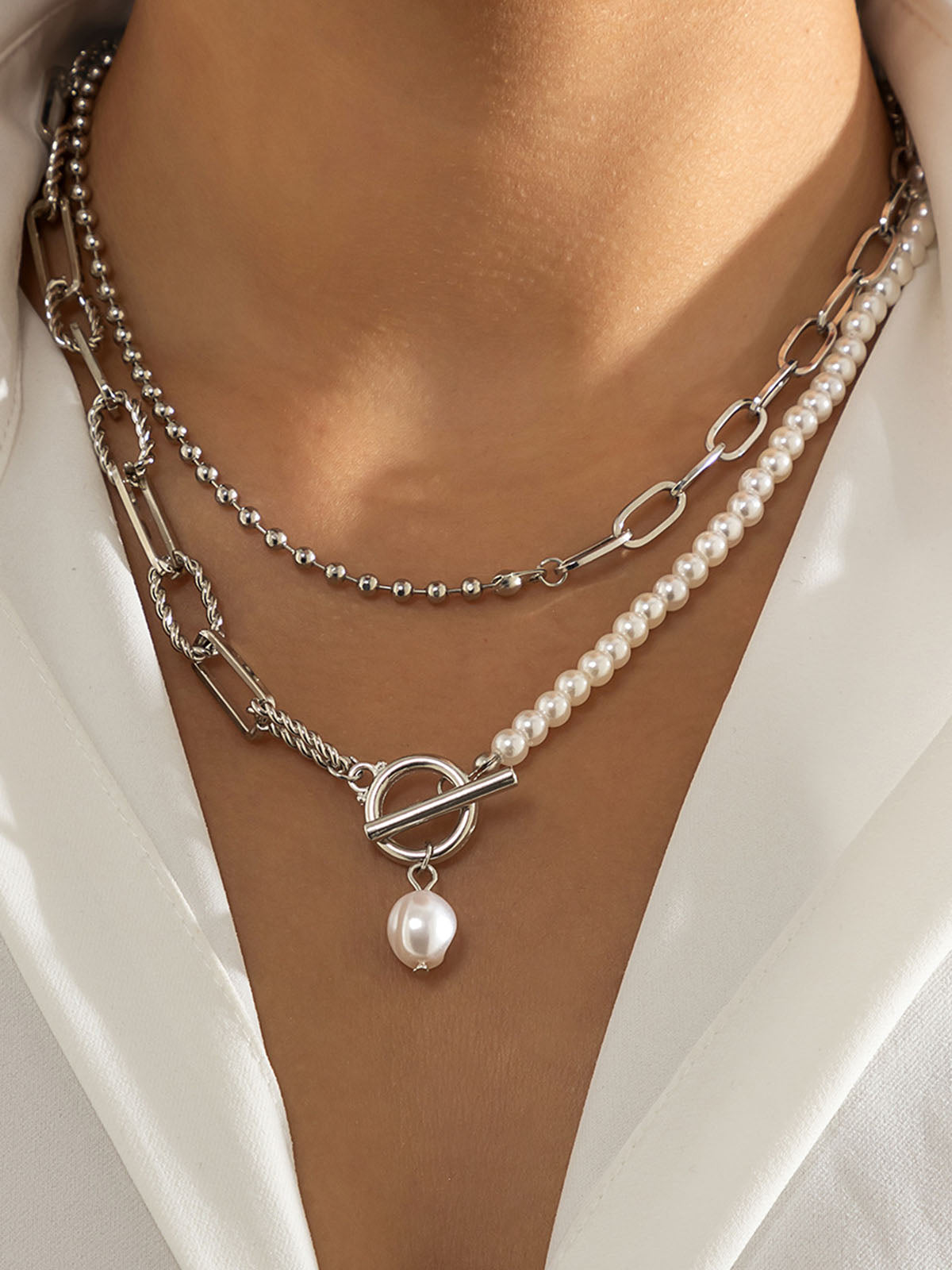 Zilveren Saturnus Schakelketting met Parel – Trendy Damesketting met Hanger