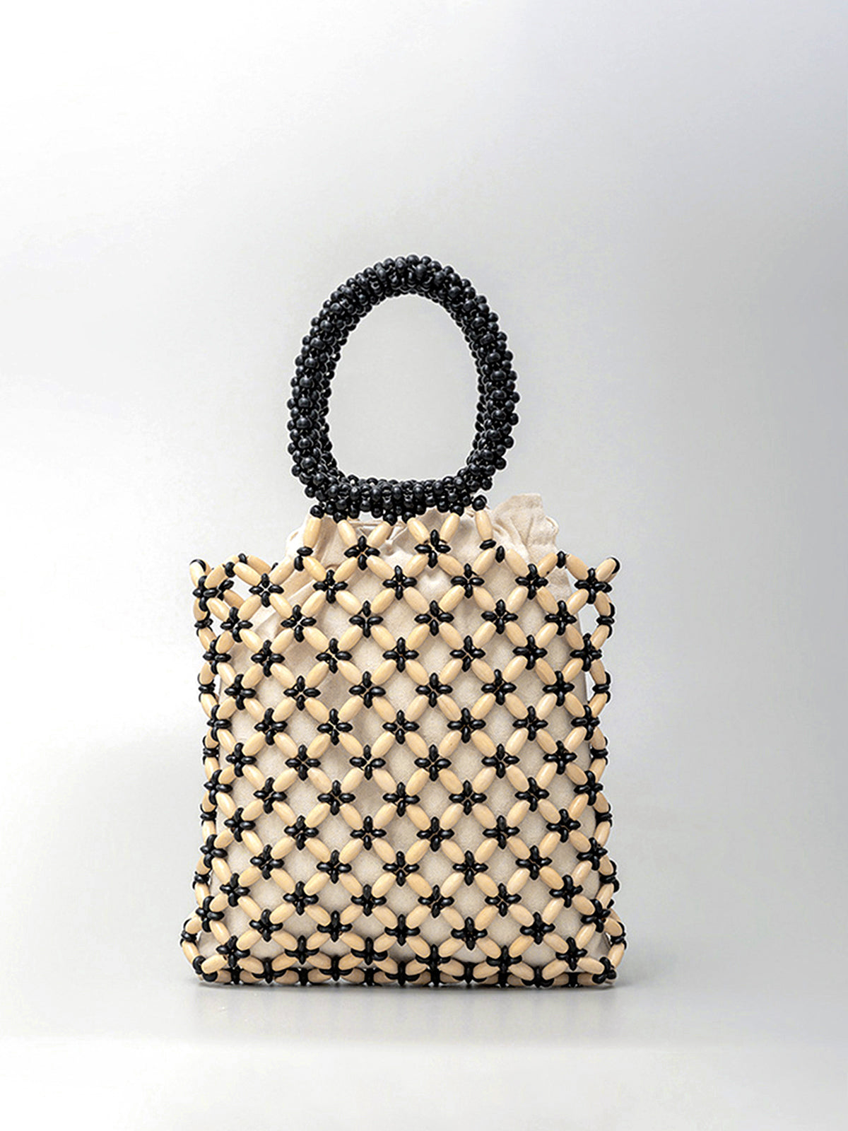 Chique Handtas met Contrastbinding en Mooie Houten Kralen