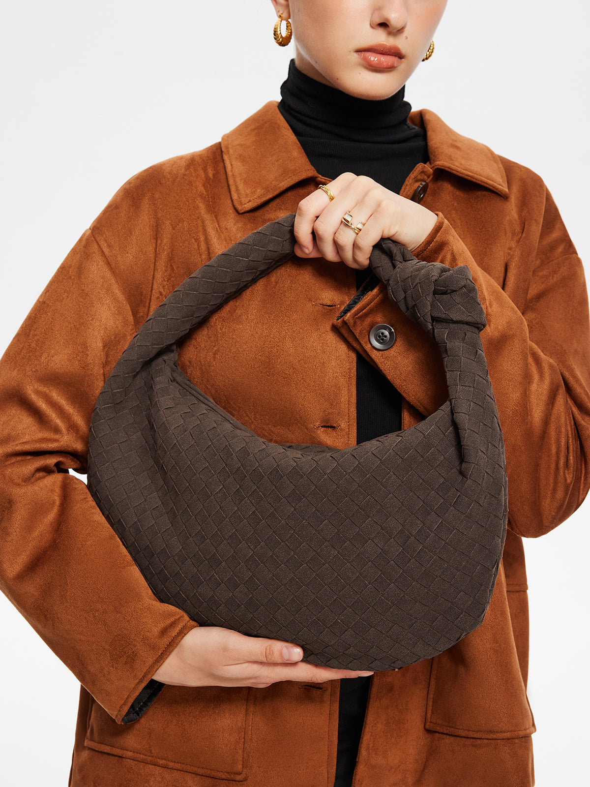 Elegante Ronde Gebreide Gebonden Suède Tas voor Stijlvol Draagtassen