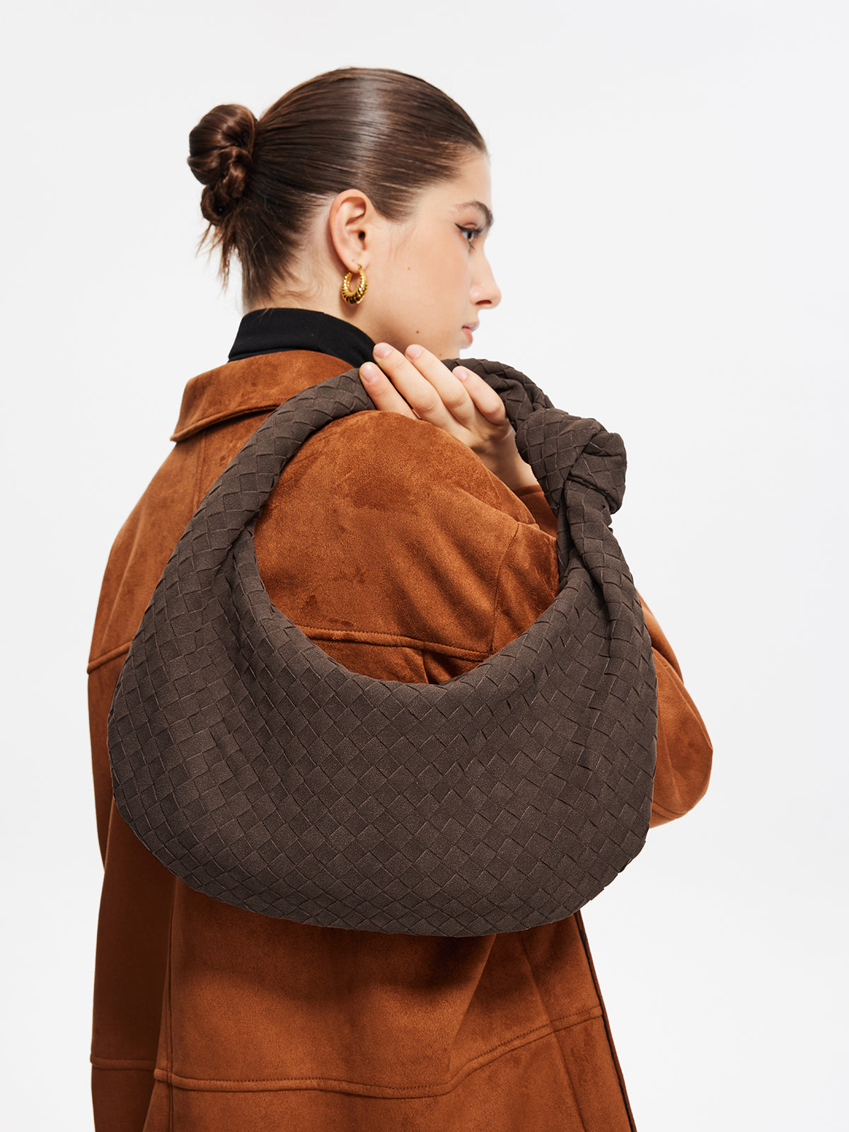Elegante Ronde Gebreide Gebonden Suède Tas voor Stijlvol Draagtassen