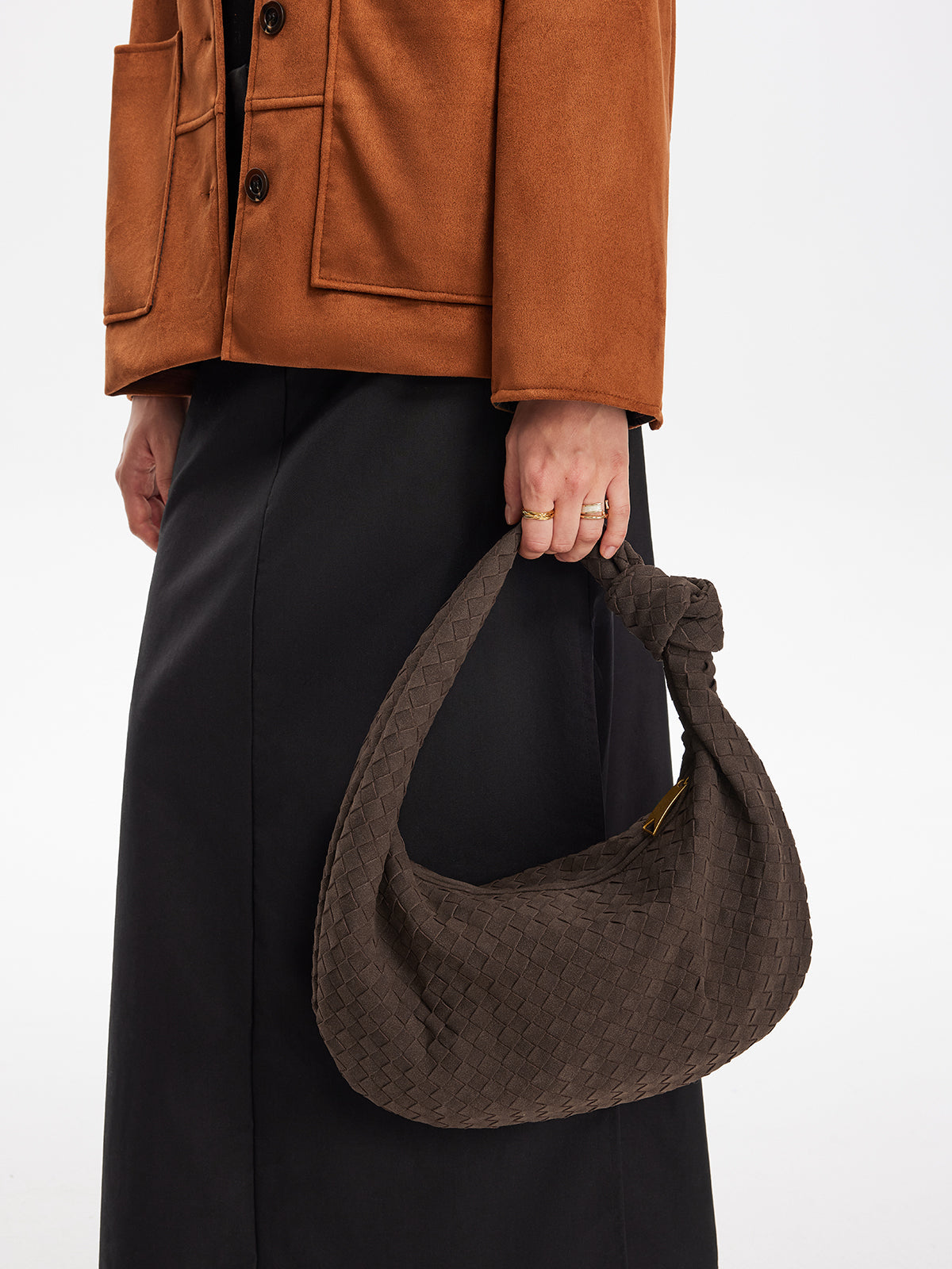 Elegante Ronde Gebreide Gebonden Suède Tas voor Stijlvol Draagtassen