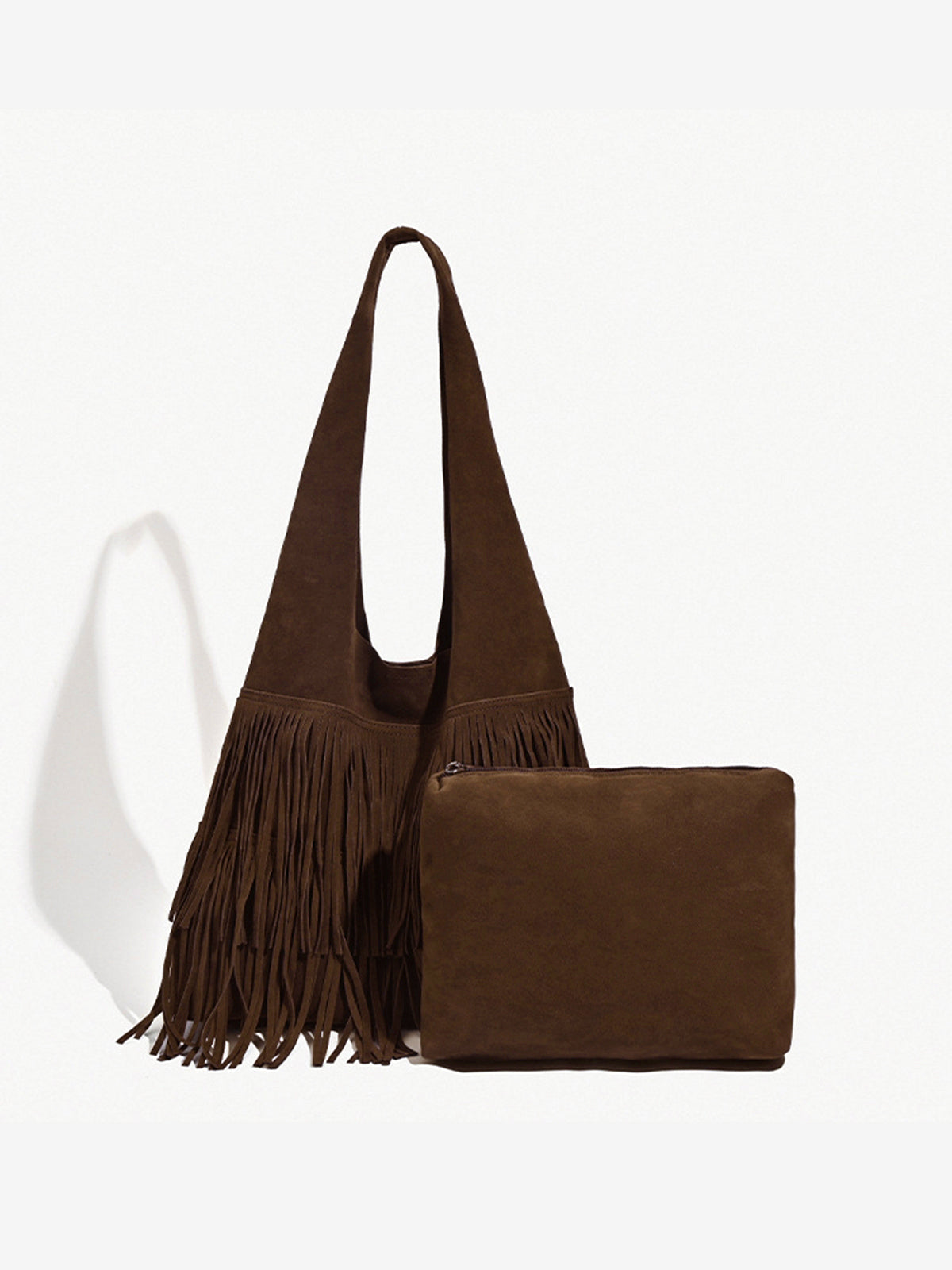 Bruine Schoudertas met Franjes – Boho Suède Look Handtas