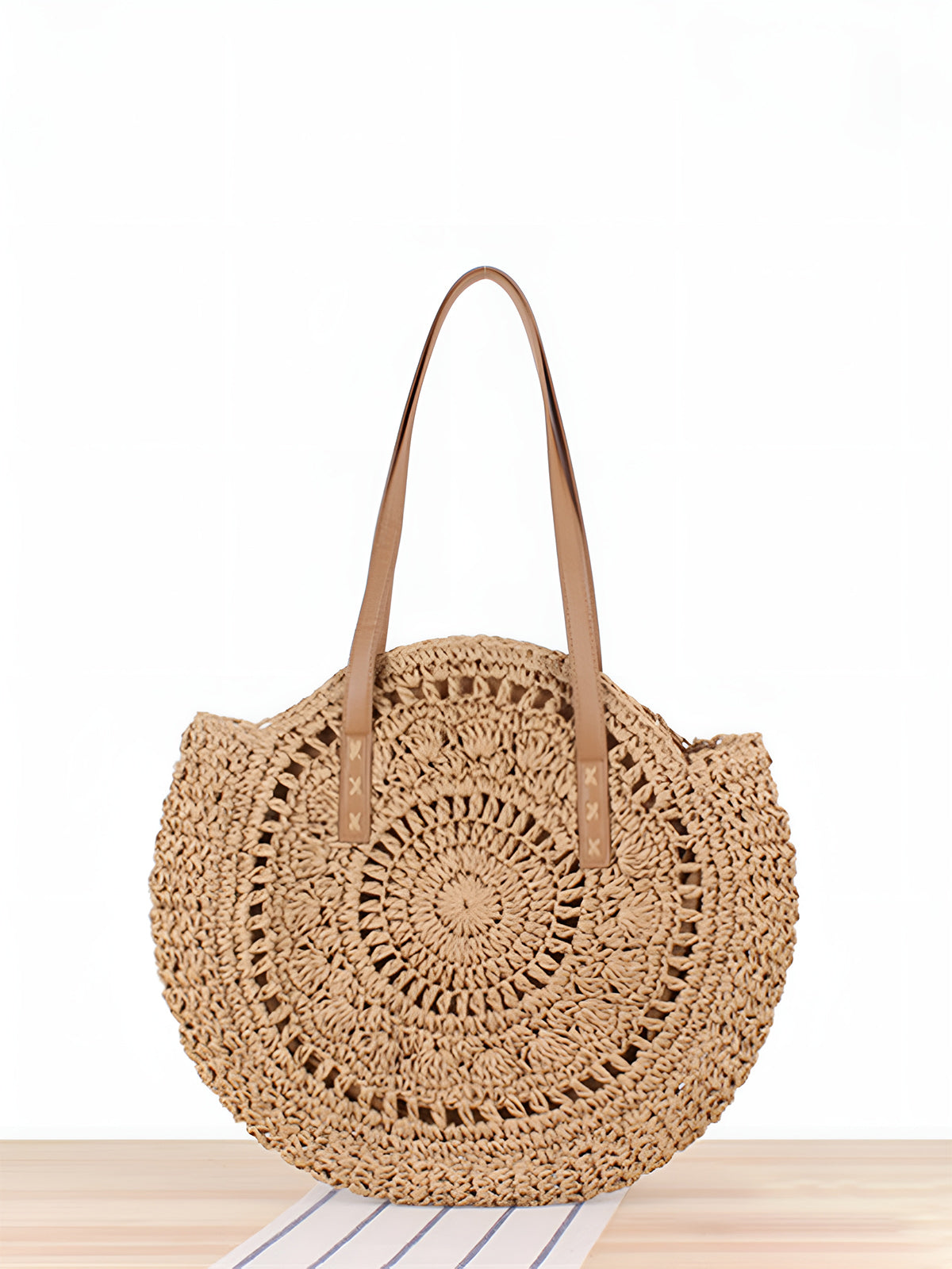 Chic Gehaakte Ronde Stro Tote Tas