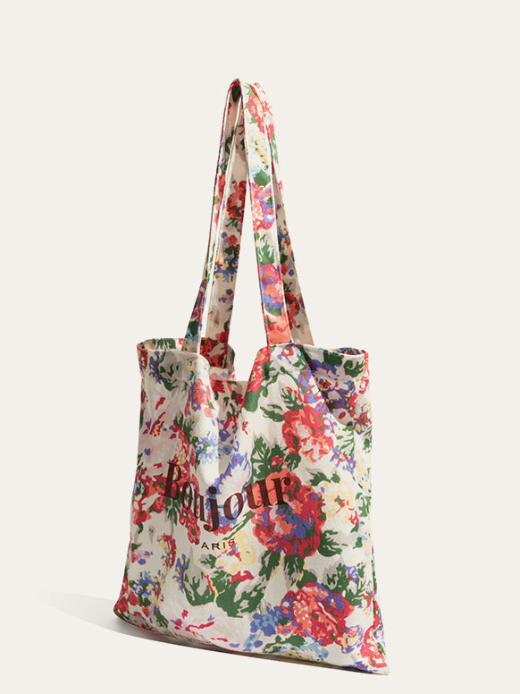 Luxe linnen schoudertas met elegante tropische bloemenprint