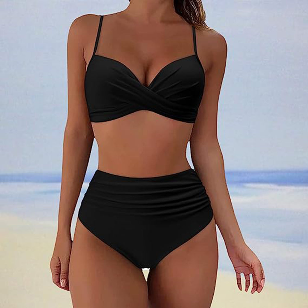 Dames badpak – hoge taille met ingebouwde beugels – kruisdetail bovenstuk – verstelbare spaghettibandjes – ademend materiaal