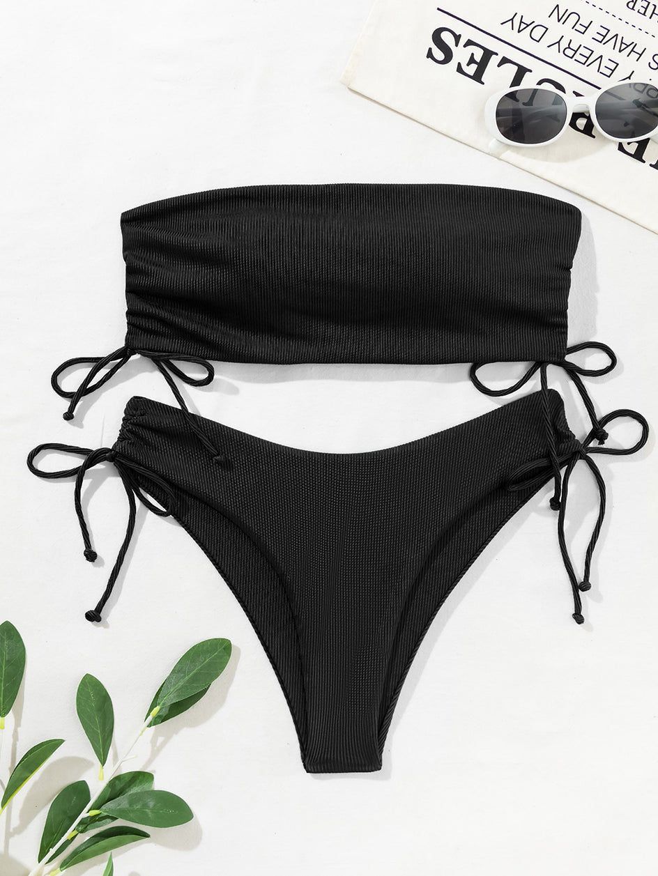 Bikini Ensemble Bandeau pour Femmes - Texture à Rayures - Haut Sans Bretelles & Bas à Nœud Latéral