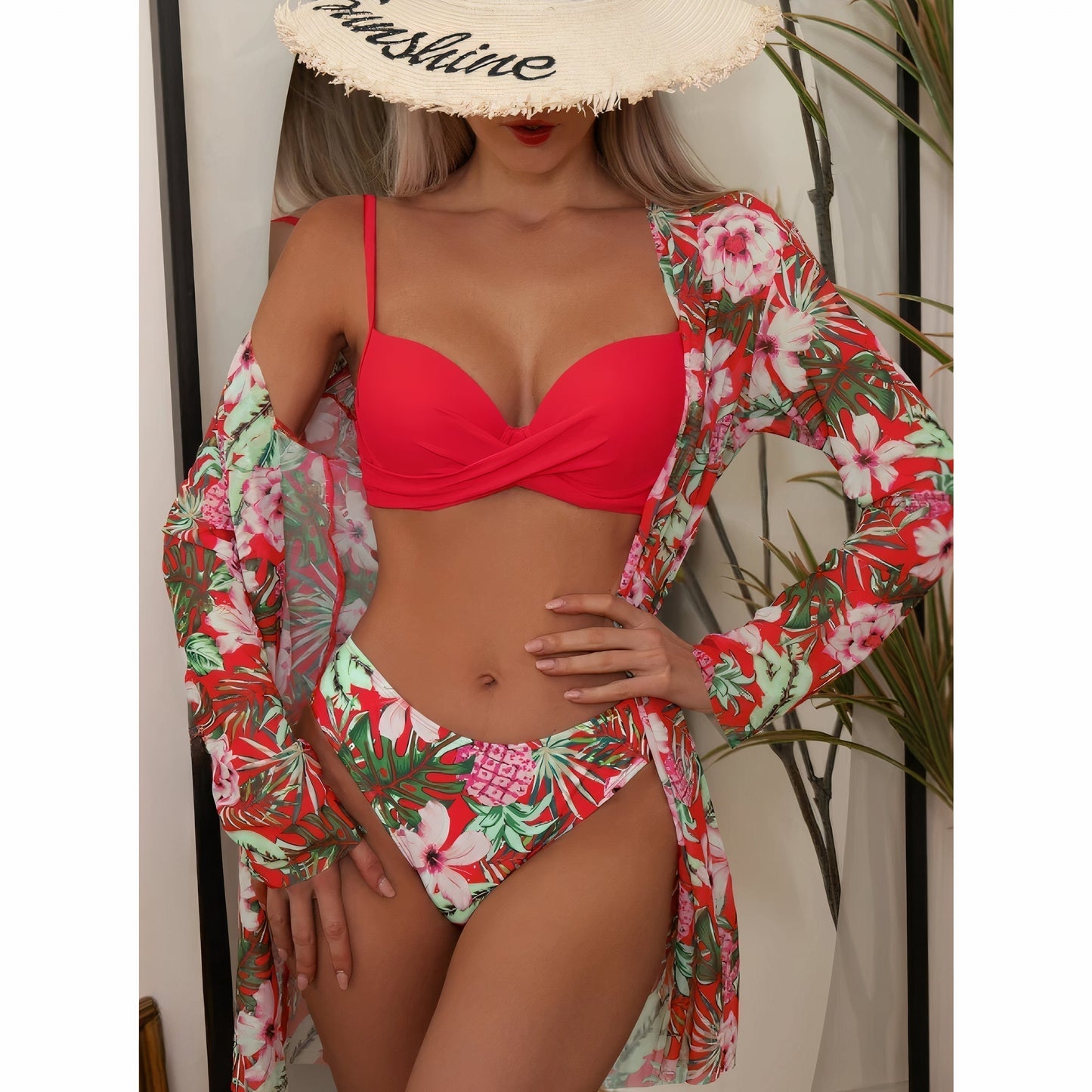 Driedelige bikini set voor dames – hoge taille – gekruist topje – verstelbare straps – ademend materiaal