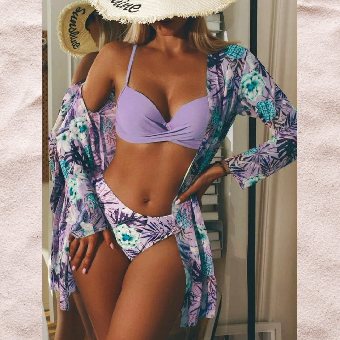Driedelige bikini set voor dames – hoge taille – gekruist topje – verstelbare straps – ademend materiaal