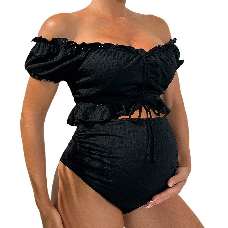 Zwempak voor zwangere vrouwen met off-shoulder design – Top met ruches – Elegante high-waist – Ademend en comfortabel materiaal