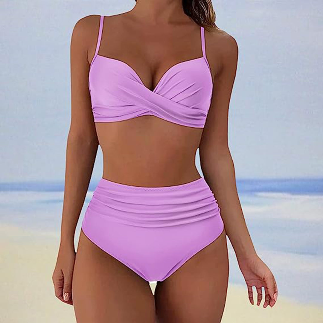 Dames badpak – hoge taille met ingebouwde beugels – kruisdetail bovenstuk – verstelbare spaghettibandjes – ademend materiaal