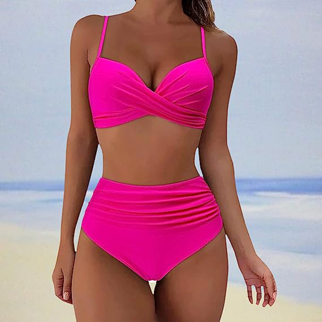 Dames badpak – hoge taille met ingebouwde beugels – kruisdetail bovenstuk – verstelbare spaghettibandjes – ademend materiaal