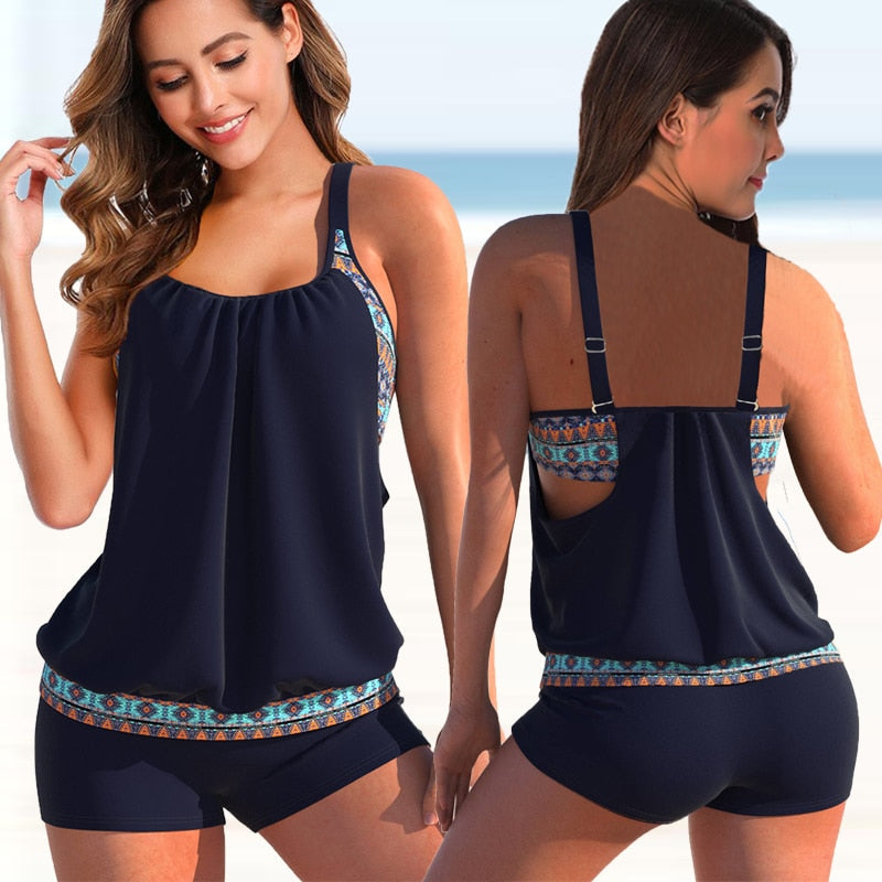 Vrouwelijke Tankini Set – Elegante Blouson Top – Verstelbare Schouderbanden – Comfortabele Shorts – Ademend Stof