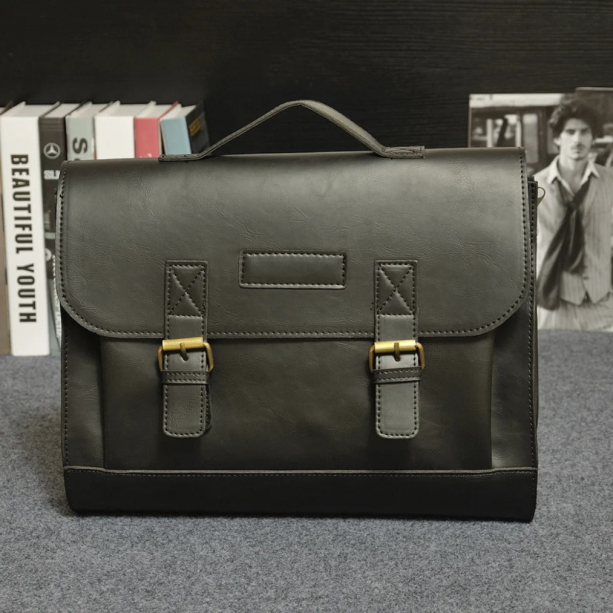 Aktetas heren van synthetisch leer met gespen in vintage stijl - Adrien